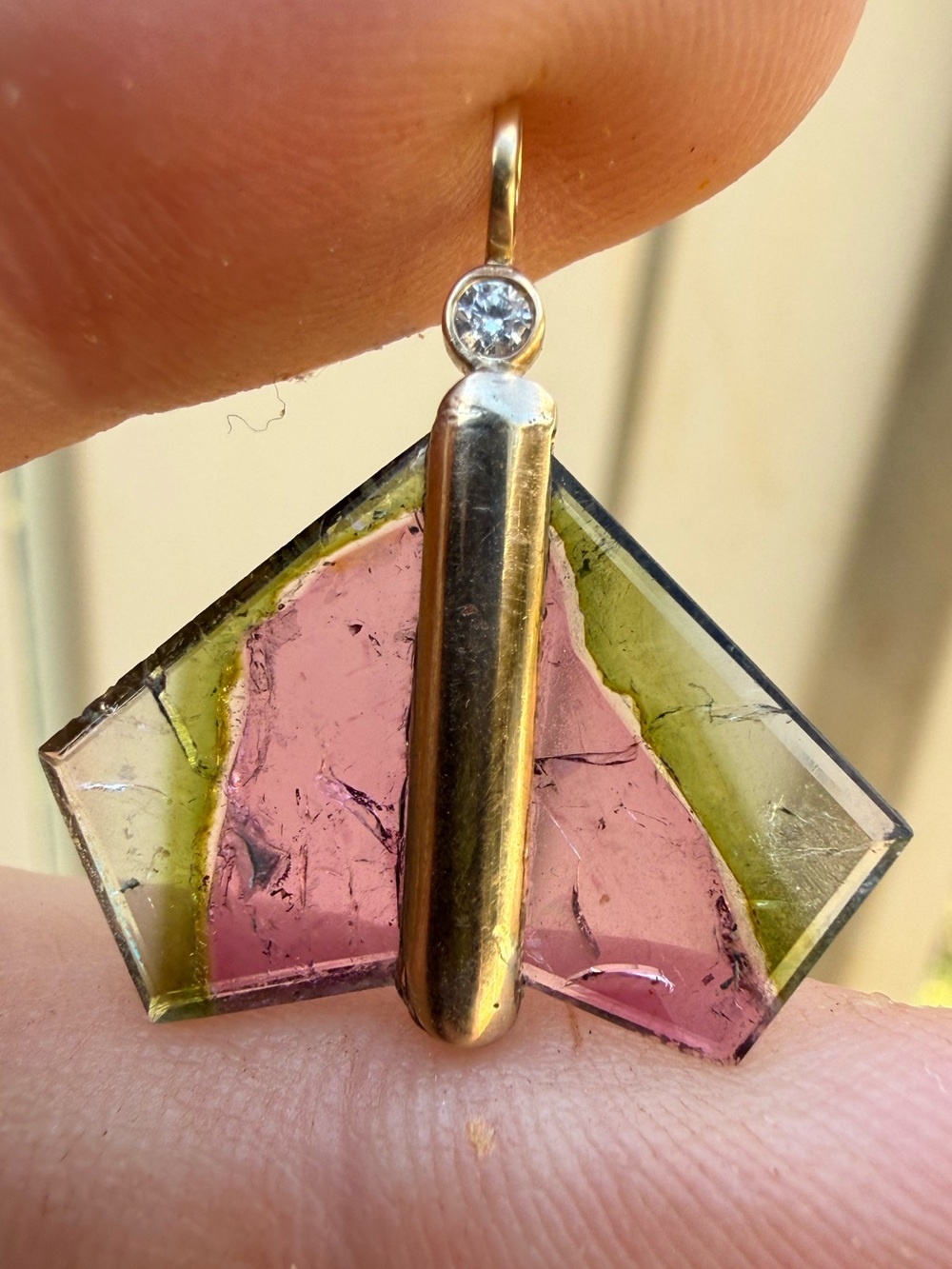 Rare handmade solid 14k gold genuine watermelon tourmaline/diamond pendant